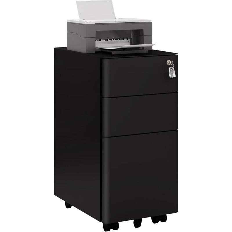 foto del prodotto cassettiera da ufficio studio scrivania, mobiletto con ruote per documenti e cancelleria, con 3 cassetti e serratura, nero woltu