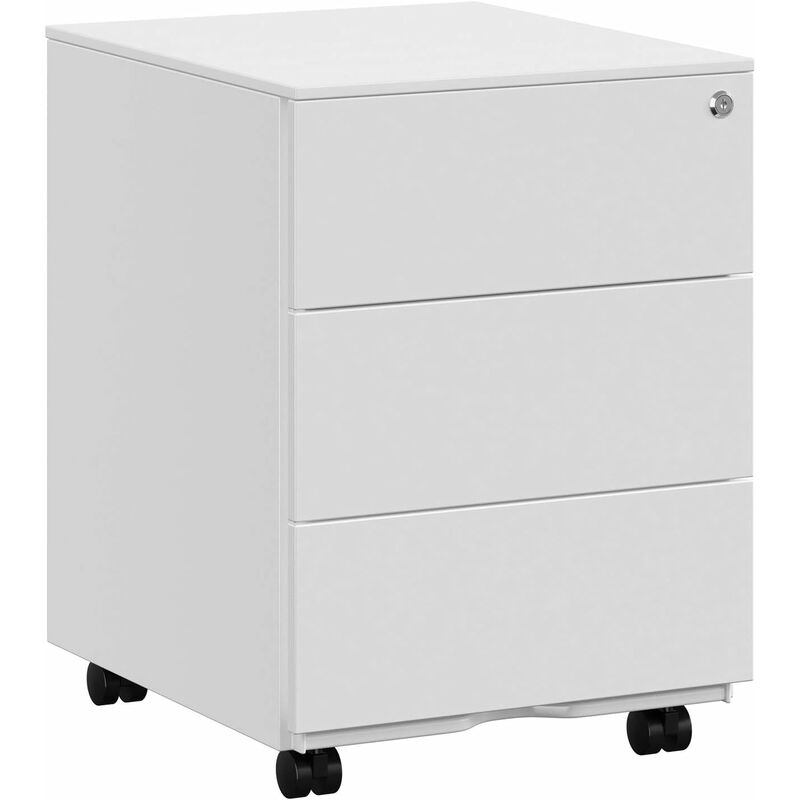 foto del prodotto cassettiera da ufficio studio scrivania, mobiletto con ruote per documenti e cancelleria, con 3 cassetti e serratura, pre assemblato, 39 x 45 x 55 cm