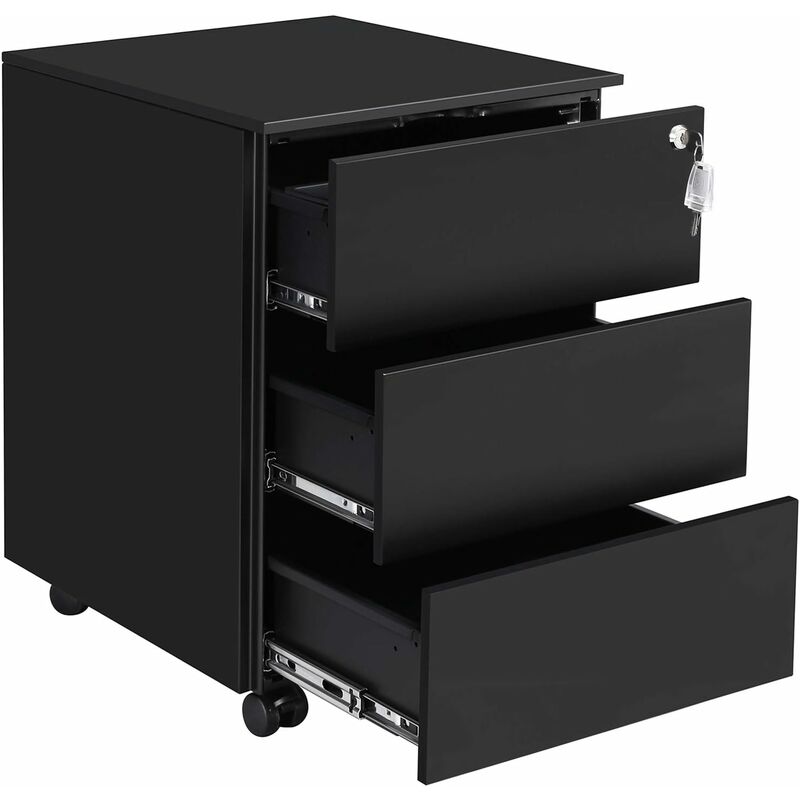 foto del prodotto cassettiera da ufficio studio scrivania, mobiletto con ruote per documenti e cancelleria, con 3 cassetti e serratura, pre assemblato, 39 x 45 x 55 cm