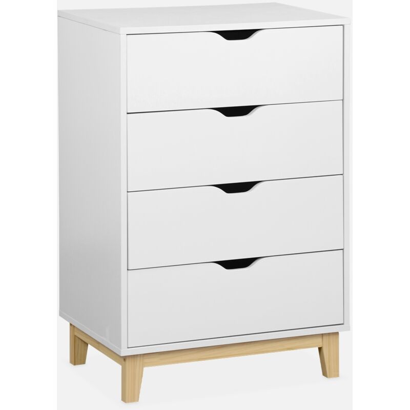 foto del prodotto cassettiera effetto legno con gambe in legno 4 cassetti