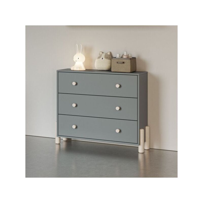 foto del prodotto cassettiera enola in legno massiccio con 3 cassetti verde cachi e gambe pino
