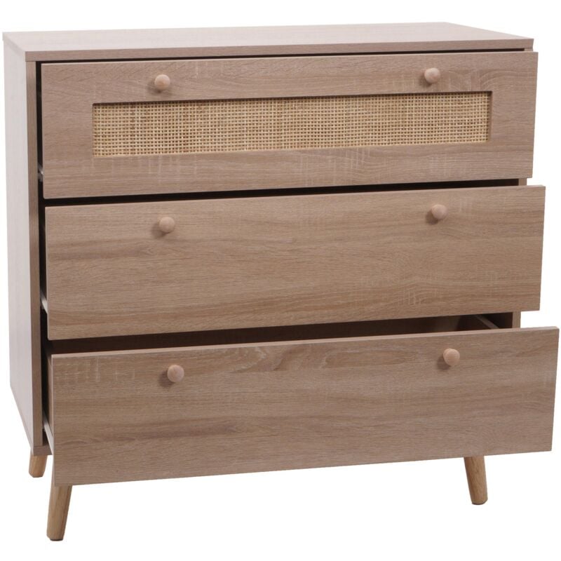 foto del prodotto cassettiera hhg 214, credenza mobile 3 cassetti, melamina kubu rattan, 78x80x39cm effetto rovere