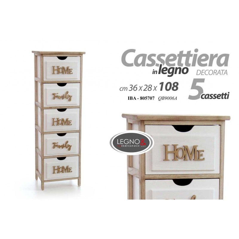 foto del prodotto cassettiera home family bianco legno 5 cassetti cm 36 x 28 x 108 h