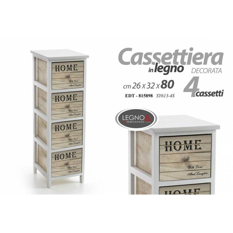 foto del prodotto cassettiera home in legno con decori 4 cassetti cm 26 x 32 x 80 h