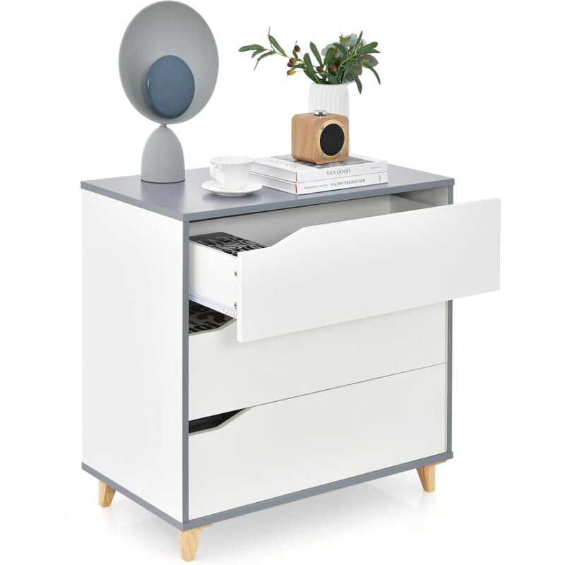 foto del prodotto cassettiera in legno, cassettiera moderna con 3 cassetti, maniglia incorporata e dispositivo anti ribaltamento, mobile in legno per camera da letto,