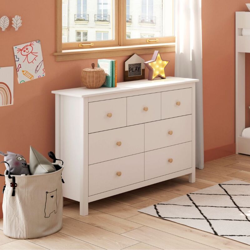 foto del prodotto cassettiera in legno massiccio con 7 cassetti colore bianco 110x40x80h cm max