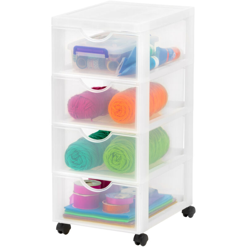foto del prodotto cassettiera in plastica con ruote, 4 cassetti piccoli, biancastro, maniglie facili da tirare, per camera da letto, bagno, scuola e ufficio, senza