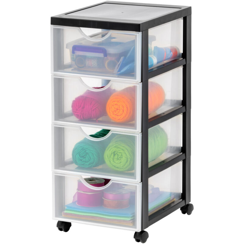 foto del prodotto cassettiera in plastica con ruote, 4 cassetti piccoli, nero, maniglie facili da tirare, organizzatore, per camera da letto, bagno, scuola e ufficio,