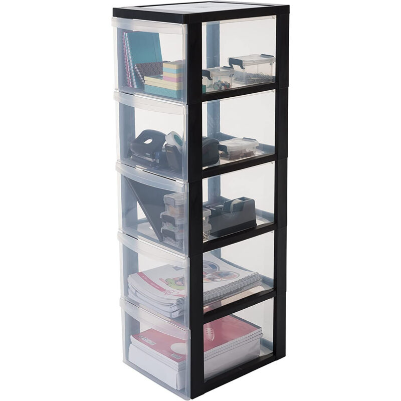 foto del prodotto cassettiera in plastica con ruote, 5 cassetti grandi, nero, maniglie facili da tirare, organizzatore, per camera da letto, bagno, scuola e ufficio,