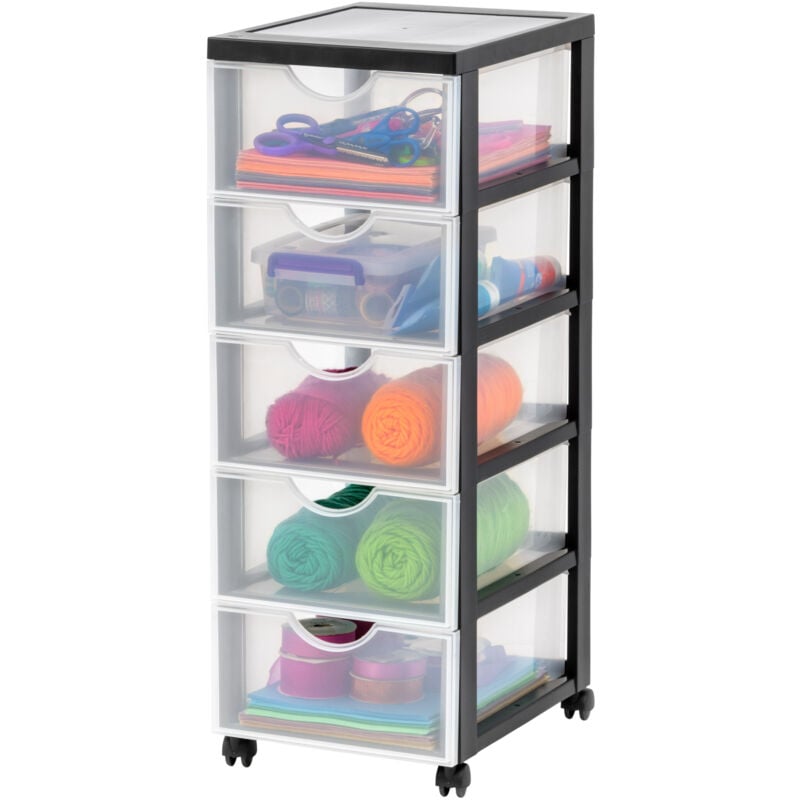 foto del prodotto cassettiera in plastica con ruote, 5 cassetti grandi, nero, maniglie facili da tirare, organizzatore, per camera da letto, bagno, scuola e ufficio,