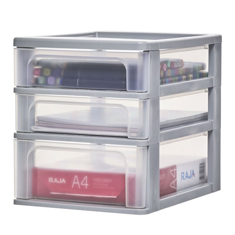 foto del prodotto cassettiera in plastica, portaoggetti, 2 cassetti piccoli e 1 medio, grigio, apertura facile, formato a4, trasparente, per ufficio, documenti,
