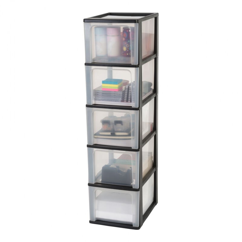 foto del prodotto cassettiera in plastica, portaoggetti, 5 cassetti grandi, nero, apertura facile, formato a4, a5 e a6, organizzatore, per ufficio, scuola, cartoleria,