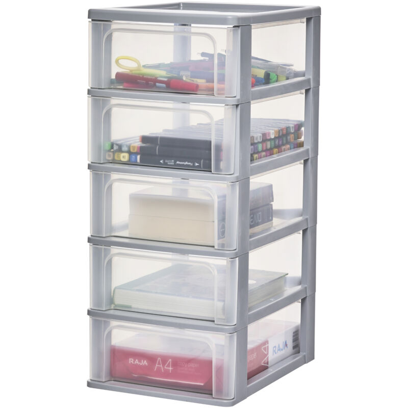 foto del prodotto cassettiera in plastica, portaoggetti, 5 cassetti medi, grigio, apertura facile, formato a4, a5 e a6, organizzatore, per ufficio, scuola, cartoleria,