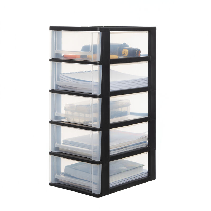foto del prodotto cassettiera in plastica, portaoggetti, 5 cassetti medi, nero, apertura facile, formato a4, a5 e a6, organizer, per ufficio, scuola, cartoleria, senza