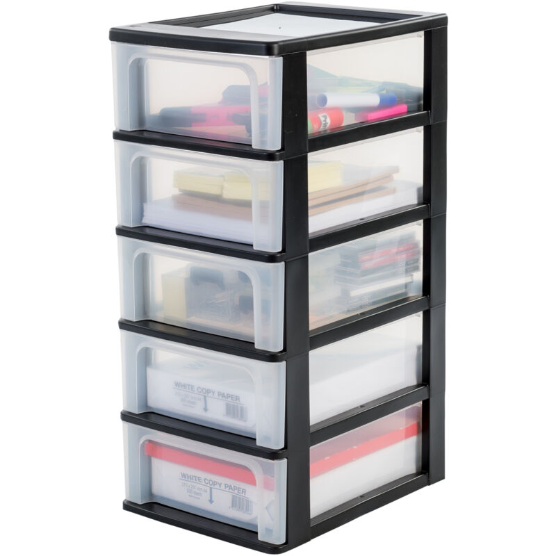 foto del prodotto cassettiera in plastica, portaoggetti, 5 cassetti medi, nero, apertura facile, formato a4, a5 e a6, organizzatore, per ufficio, scuola, cartoleria,