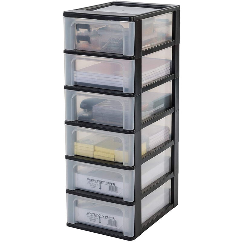 foto del prodotto cassettiera in plastica, portaoggetti, 6 cassetti medi, nero, apertura facile, formato a4, a5 e a6, organizzatore, per ufficio, scuola, cartoleria,