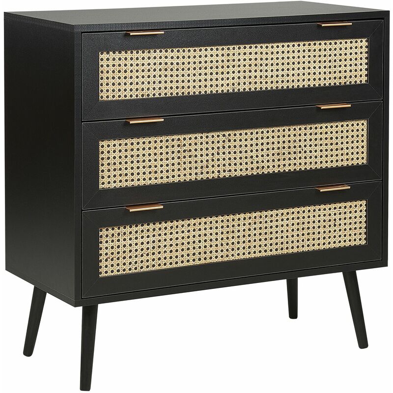 foto del prodotto cassettiera in rattan a 3 cassetti fronte in vimini mdf gambe in legno nero mobile in stile boho soggiorno nero opoco