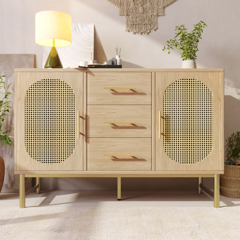 foto del prodotto cassettiera in rattan con 3 cassetti e 2 ante in rattan, cassettiera, toletta, per camera da letto e soggiorno, ripiani regolabili, protezione