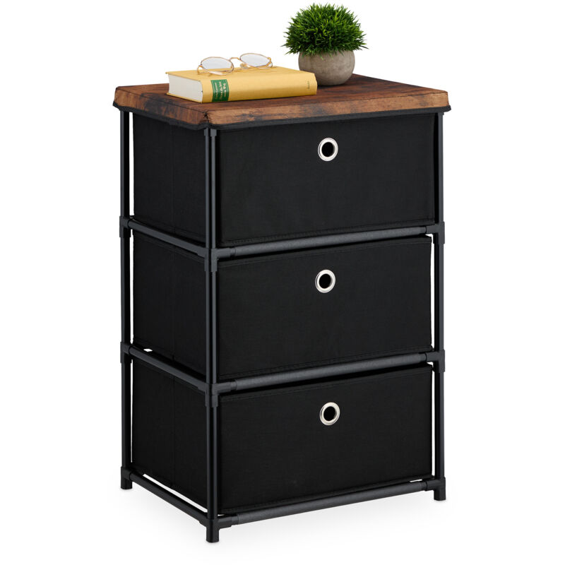 foto del prodotto cassettiera in stile industriale, com con 3 cassetti e ripiano in tessuto, metallo, 65x43x33 cm, nero marrone relaxdays