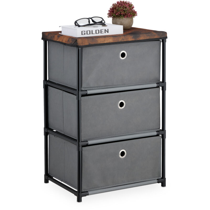 foto del prodotto cassettiera in stile industriale, com con 3 cassetti e ripiano tessuto, metallo, 65x43x33 cm, grigio marrone relaxdays