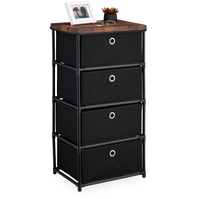 foto del prodotto cassettiera in stile industriale, com con 4 cassetti e ripiano in tessuto, metallo, 85x43x33 cm, nero marrone relaxdays