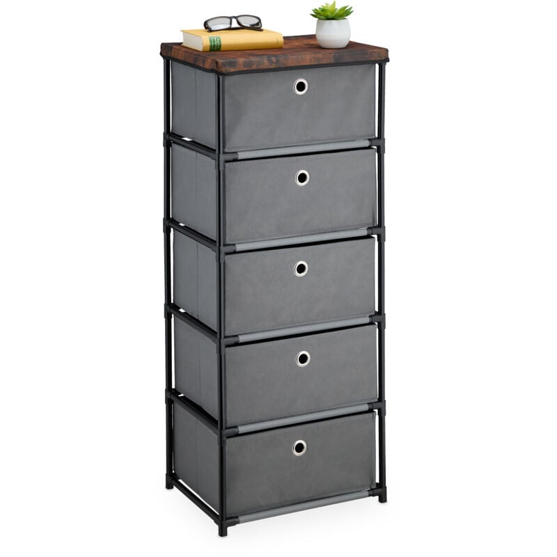 foto del prodotto cassettiera in stile industriale, comò con 5 cassetti e ripiano tessuto, metallo, 105x43x33 cm, grigio marrone - relaxdays