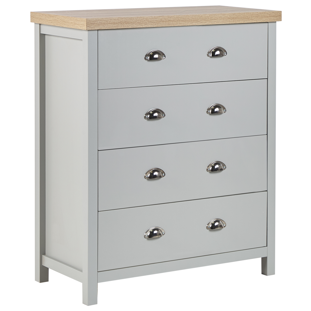foto del prodotto cassettiera in truciolare di legno chiaro grigio 4 cassetti con chiusura ammortizzata credenza in stile tradizionale scandinavo