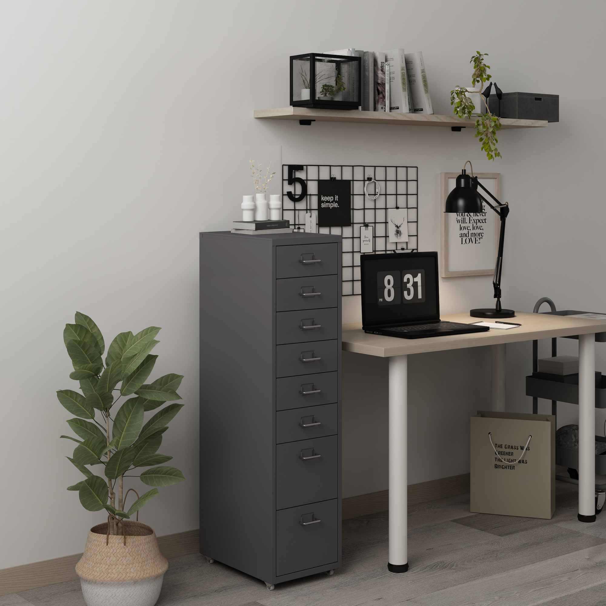 foto del prodotto cassettiera k kar in acciaio mobile archivio con 8 cassetti e rotelle grigio scuro en.casa 