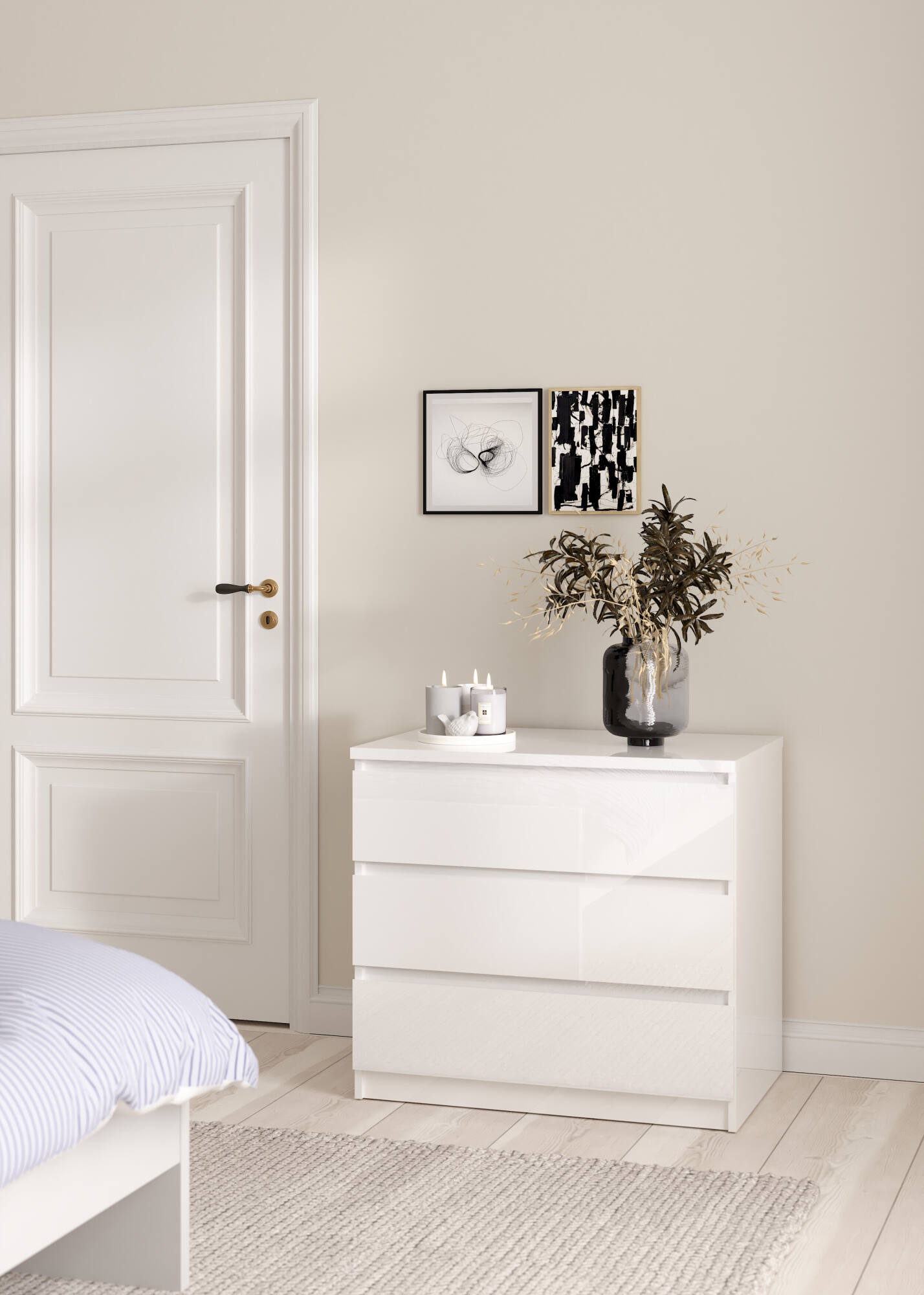 foto del prodotto cassettiera kajiki, settimino multiuso, com camera da letto, mobile con cassetti, 77x50 h68 cm, bianco lucido