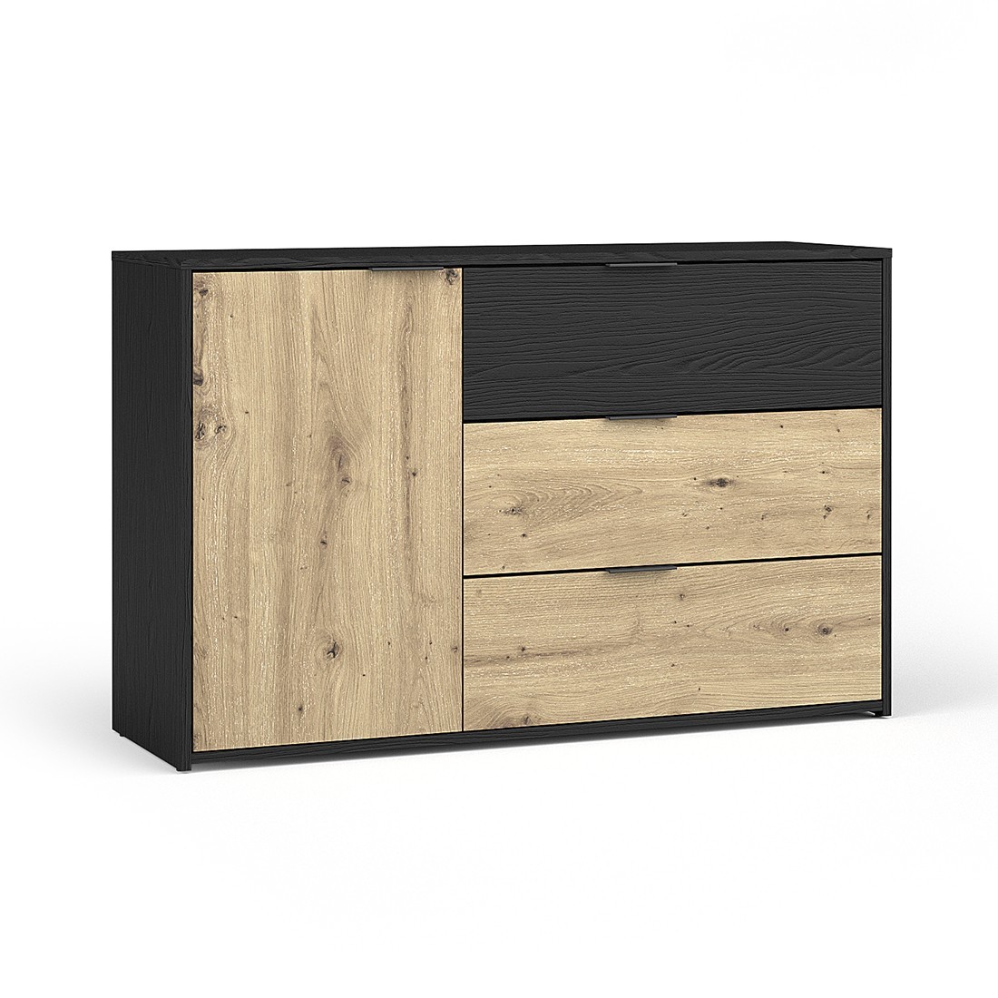 foto del prodotto cassettiera melody 3 cassetti e 1 porta 139x80x35 cm nero grafite e rovere chiaro