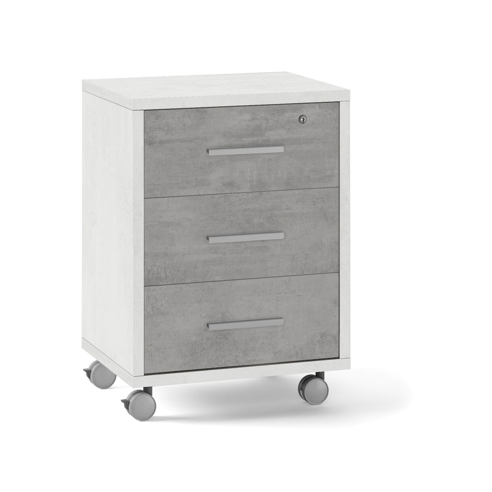 foto del prodotto cassettiera mobile 3 cassetti su ruote 51x41x71h cm in kit di montaggio colore grigio cemento e bianco ossido
