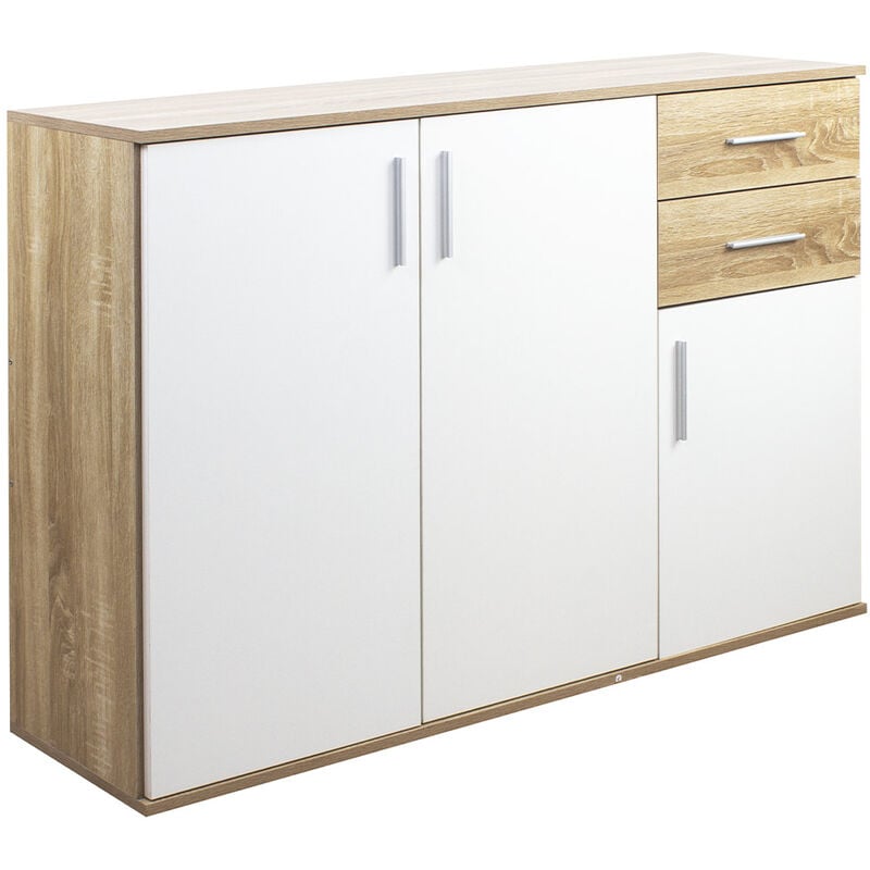 foto del prodotto cassettiera mobile armadietto 3 porte 2 cassetti design moderno quercia e bianco