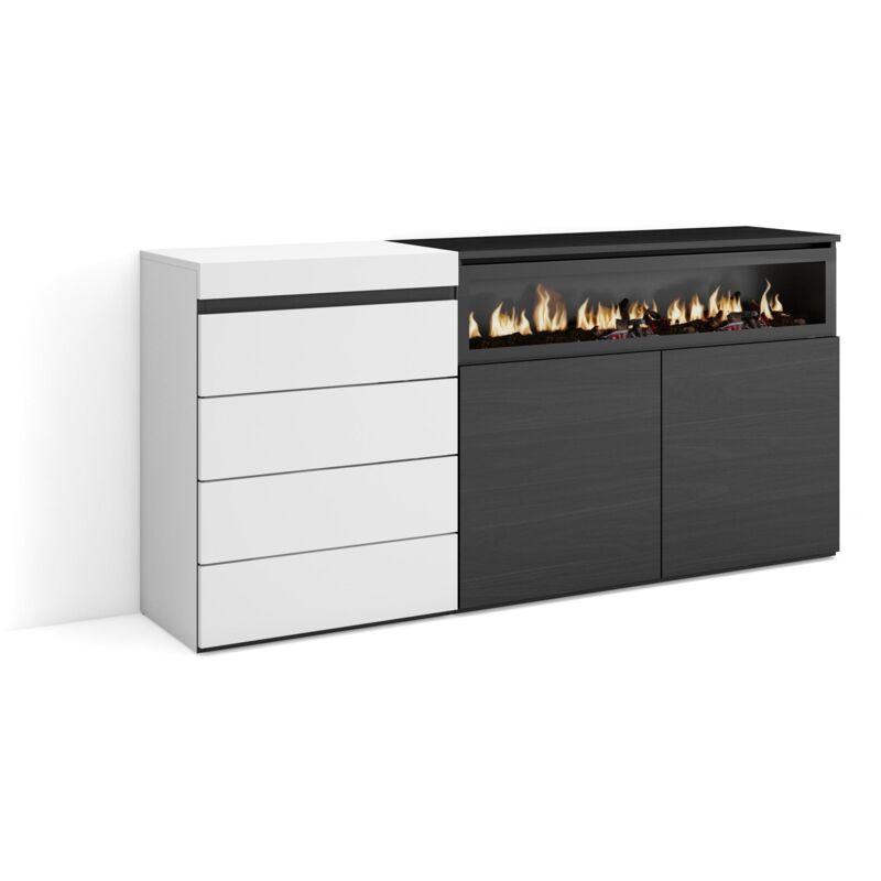 foto del prodotto cassettiera, mobile armadio con cassetti, 157x75x35 cm, camera da letto, stanza, camino elettrico, stile moderno, bianco e nero skraut home