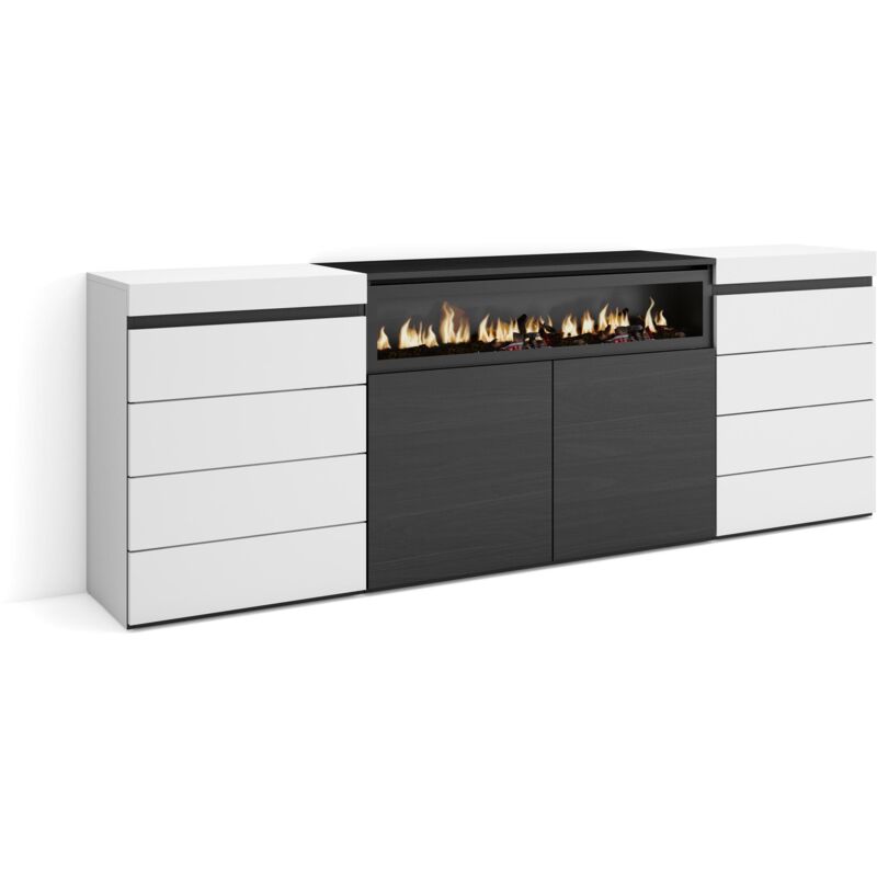 foto del prodotto cassettiera, mobile armadio con cassetti, 214x75x35 cm, camera da letto, stanza, camino elettrico, stile moderno, bianco e nero skraut home