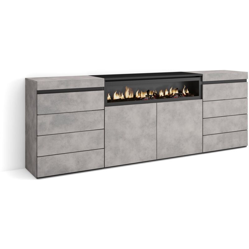 foto del prodotto cassettiera, mobile armadio con cassetti, 214x75x35 cm, camera da letto, stanza, camino elettrico, stile moderno, grigio cemento skraut home
