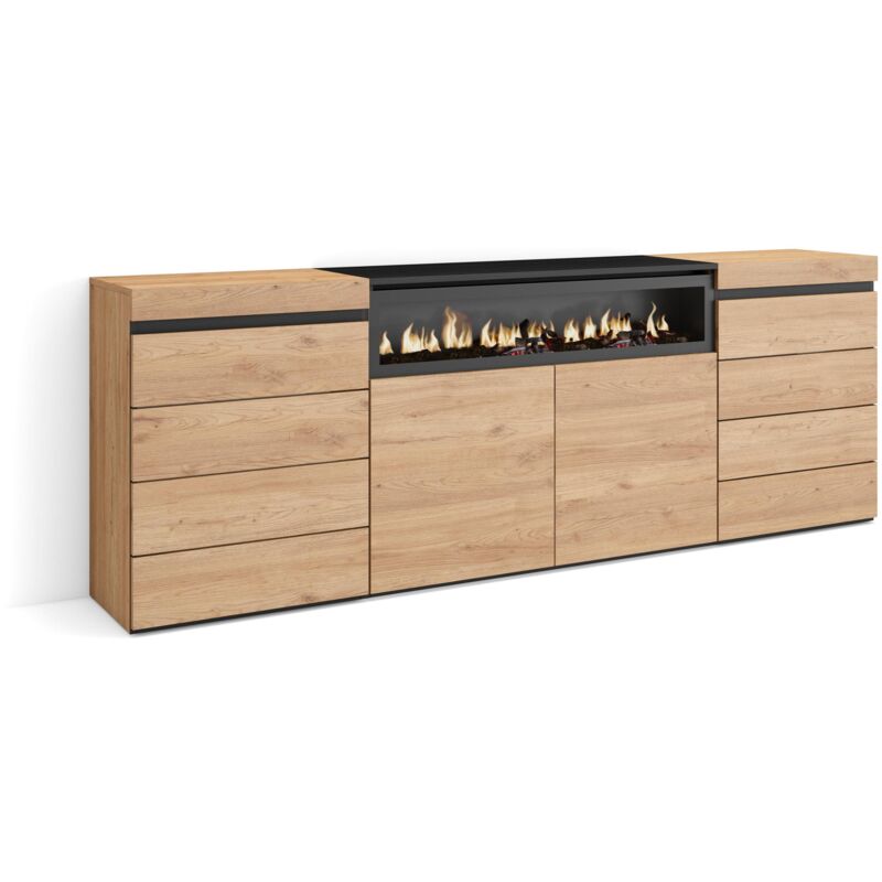 foto del prodotto cassettiera, mobile armadio con cassetti, 214x75x35 cm, camera da letto, stanza, camino elettrico, stile moderno, rovere skraut home