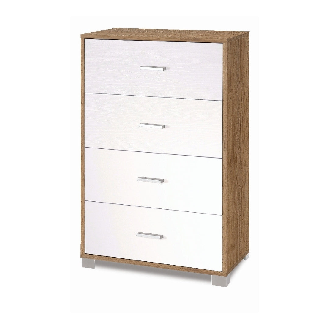 foto del prodotto cassettiera mobile con 4 cassetti 70x41x112h cm in kit di montaggio colore noce stelvio e bianco fiammato