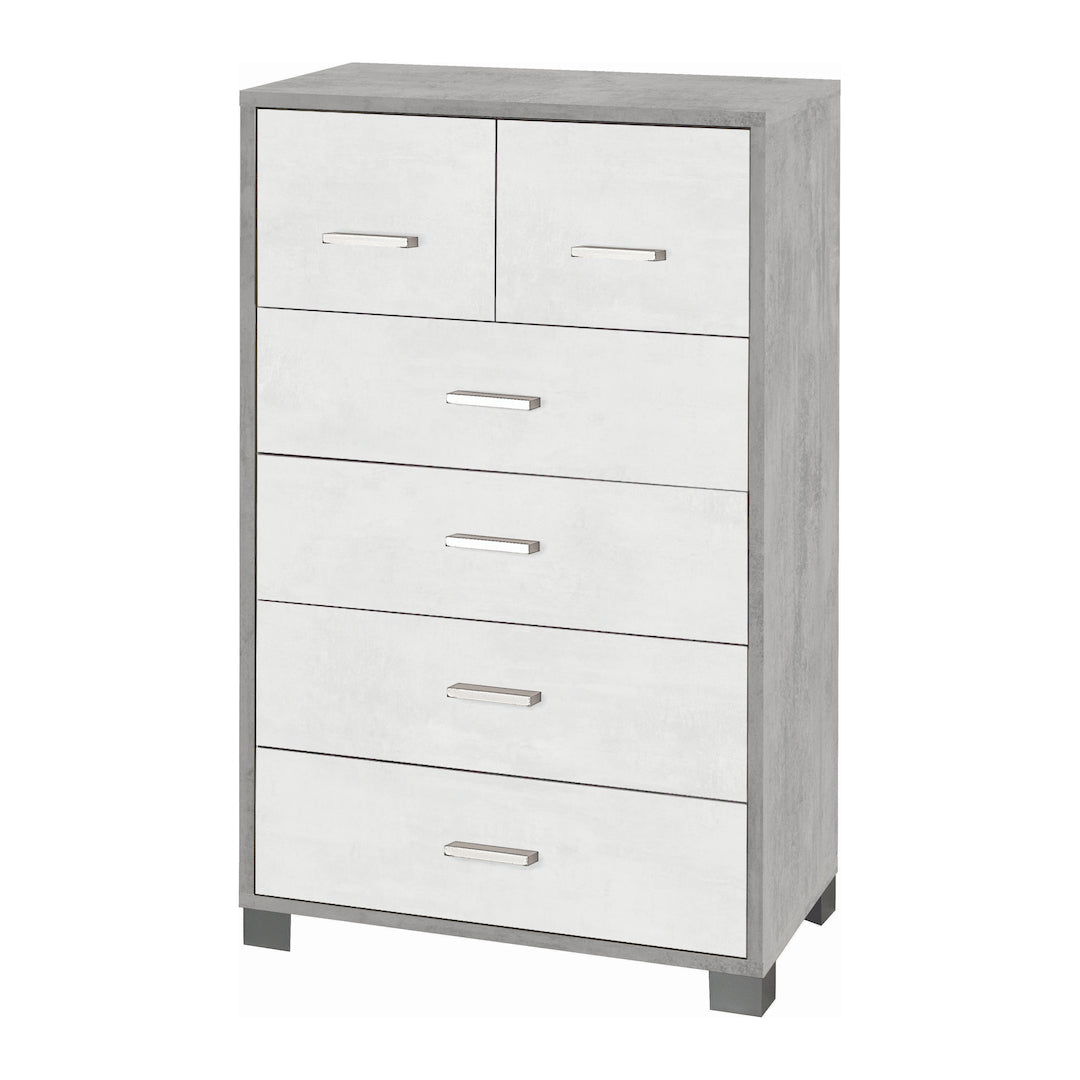 foto del prodotto cassettiera mobile con 4 cassetti grandi e 2 cassetti piccoli 70x41x112h cm in kit colore cemento e ossido bianc