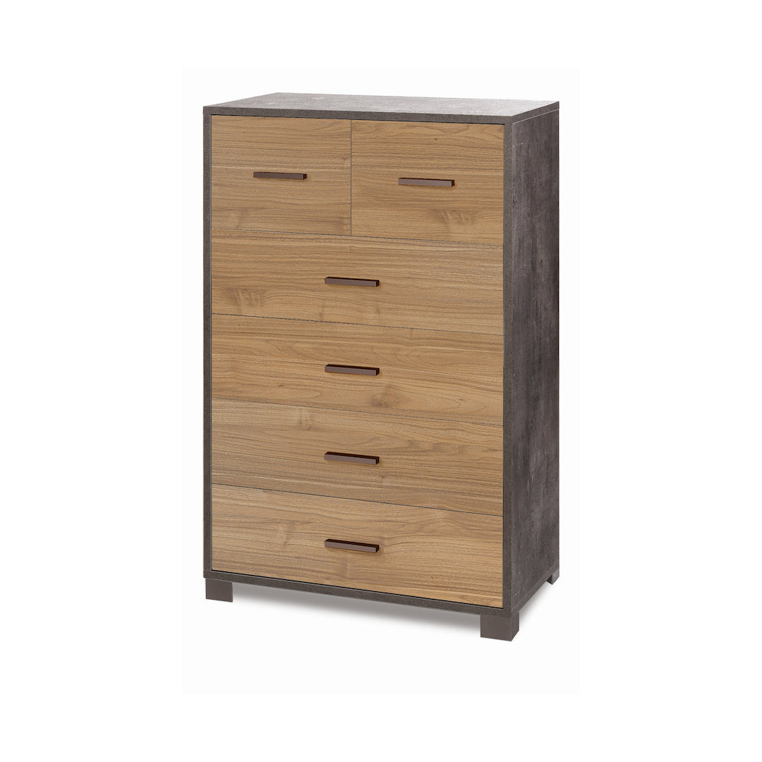 foto del prodotto cassettiera mobile con 4 cassetti grandi e 2 cassetti piccoli 70x41x112h cm in kit colore ossido nero e noce stelvio