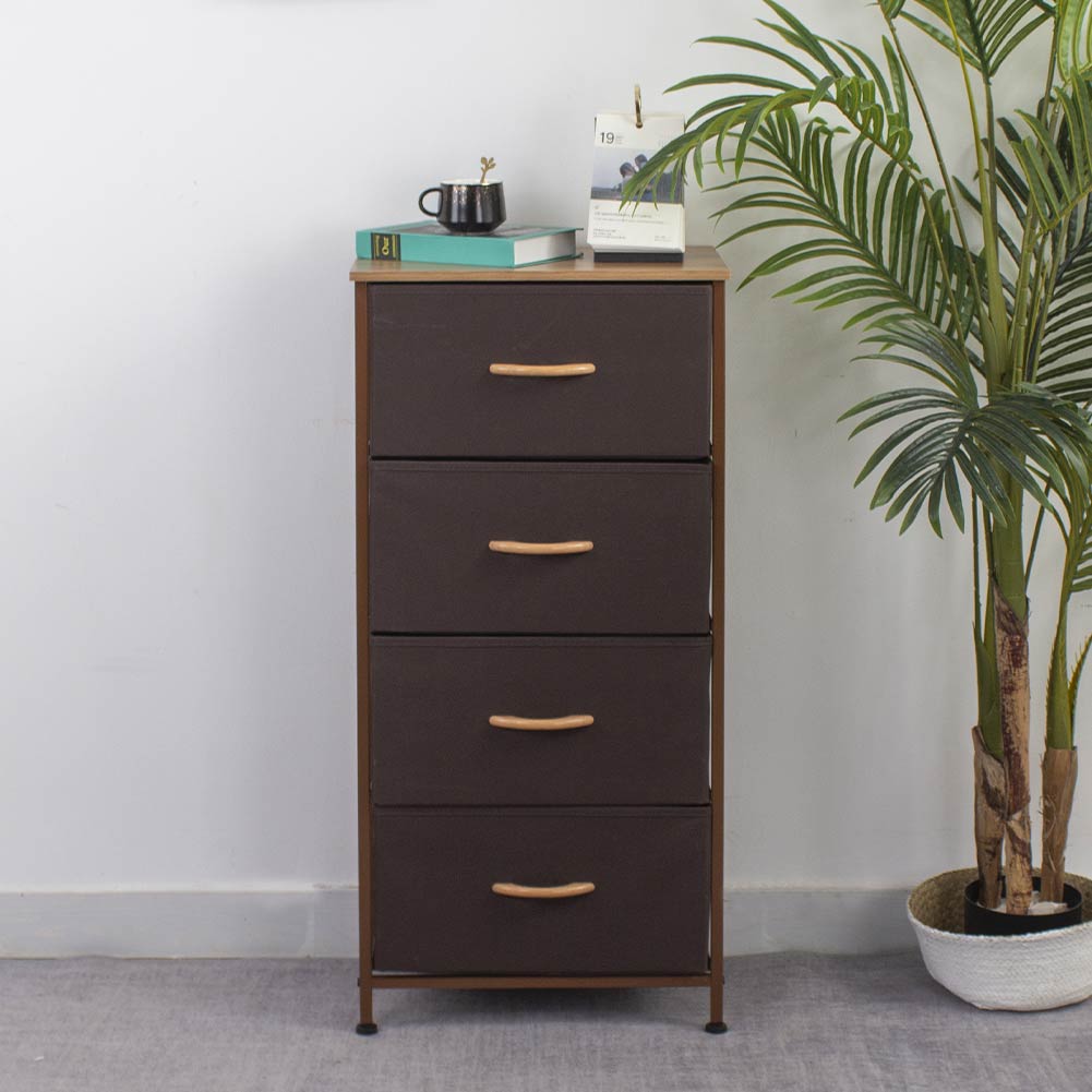 foto del prodotto cassettiera mobiletto 4 ripiani armadietto tessuto marrone chiaro marrone scuro