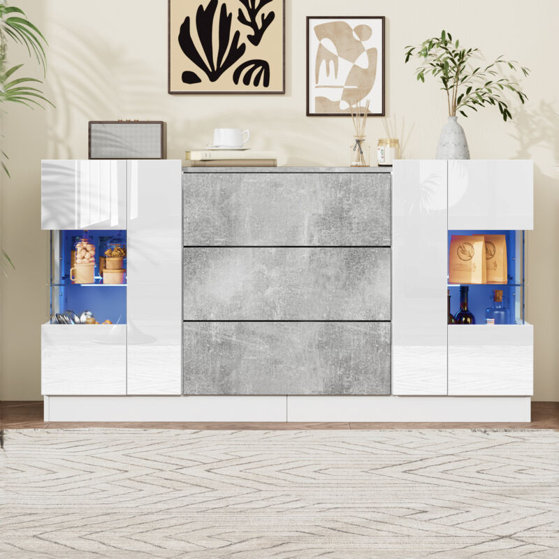 foto del prodotto cassettiera moderna con luci a led, 2 ante e 3 cassetti, frontali bianco lucido e effetto marmo grigio, 140 l x 35 p x 75 a cm