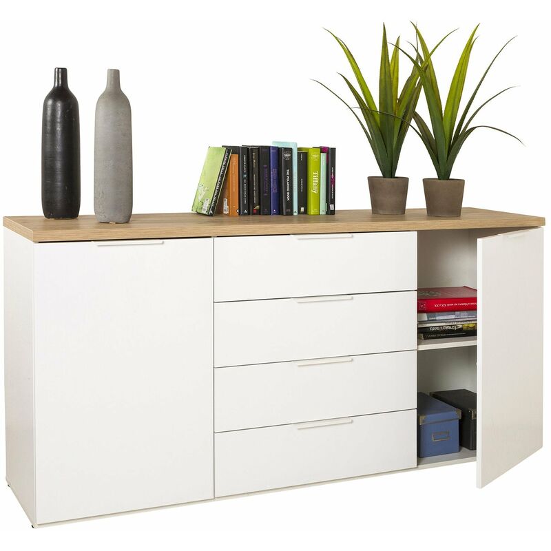 foto del prodotto cassettiera multiuso mundi con 4 cassetti e 2 ante rovere e bianco h 82 cm