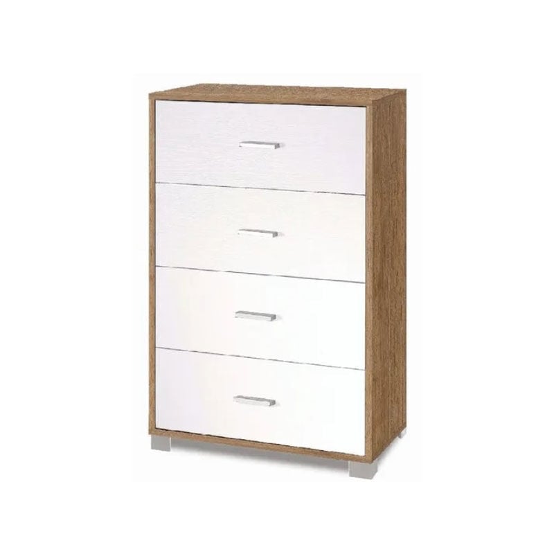 foto del prodotto cassettiera noce e bianca con 4 cassetti in legno