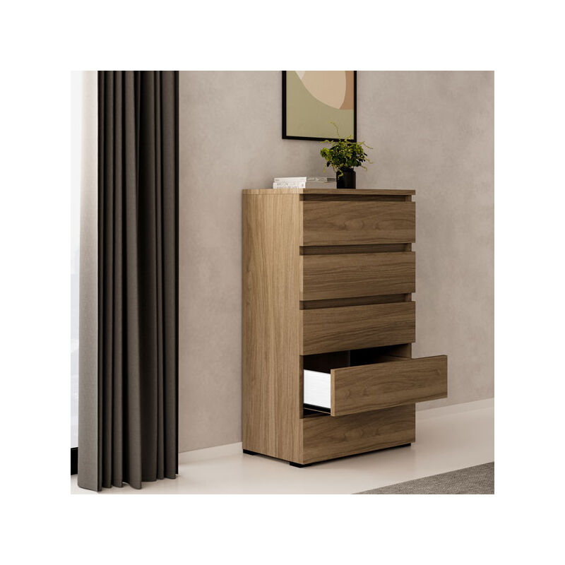 foto del prodotto cassettiera noce naturale con 5 cassetti in legno