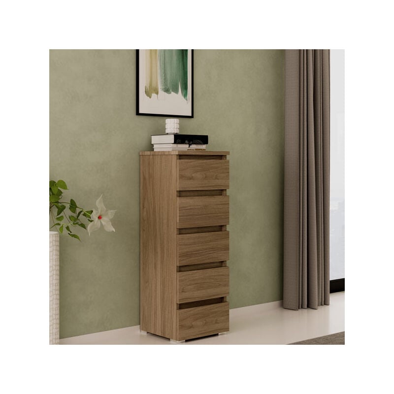 foto del prodotto cassettiera noce naturale con 5 cassetti in legno