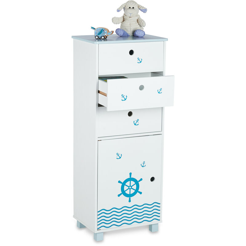 foto del prodotto cassettiera per bambini, per la cameretta, 3 cassetti e 1 scomparto con anta, hlp 105x42x30 cm, bianco blu relaxdays