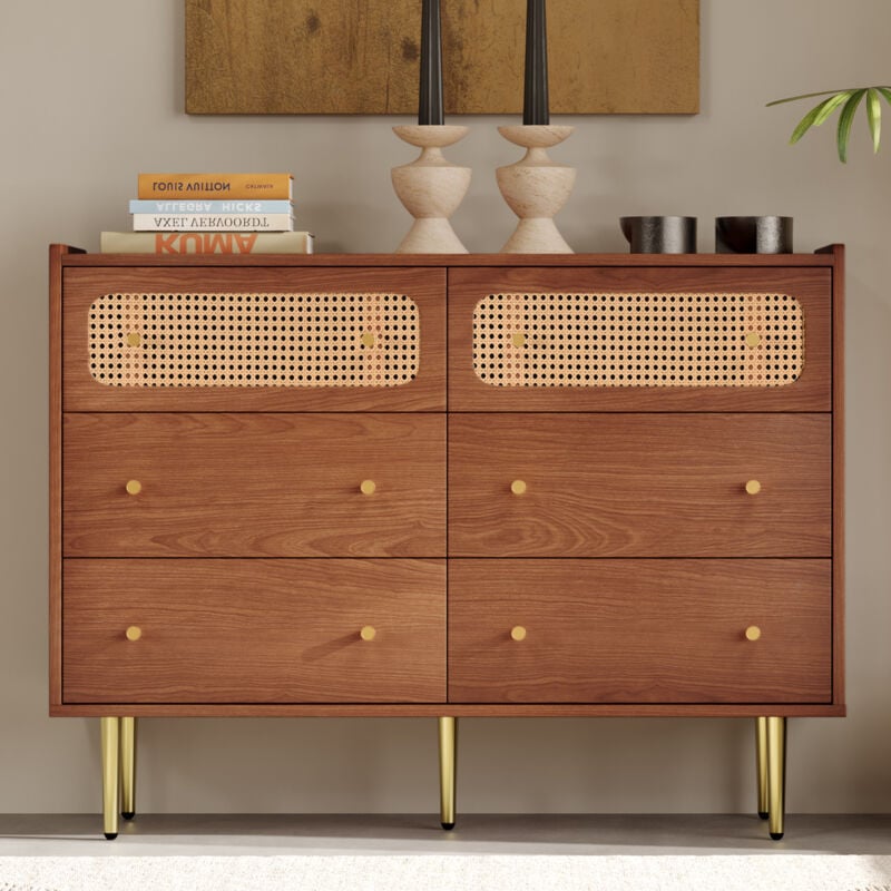 foto del prodotto cassettiera per camera da letto 6 cassetti credenza in rattan con gambe in metallo per soggiorno camera da letto noce 120 x 40 x 90 cm