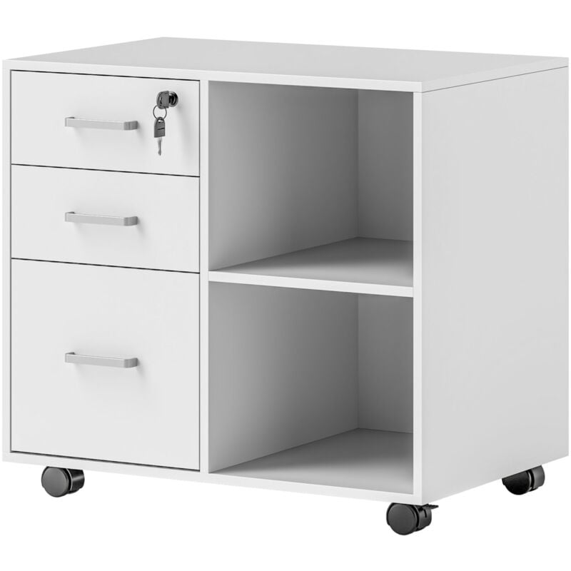 foto del prodotto cassettiera per ufficio con 3 cassetti, serratura e chiavi, bianco homcom