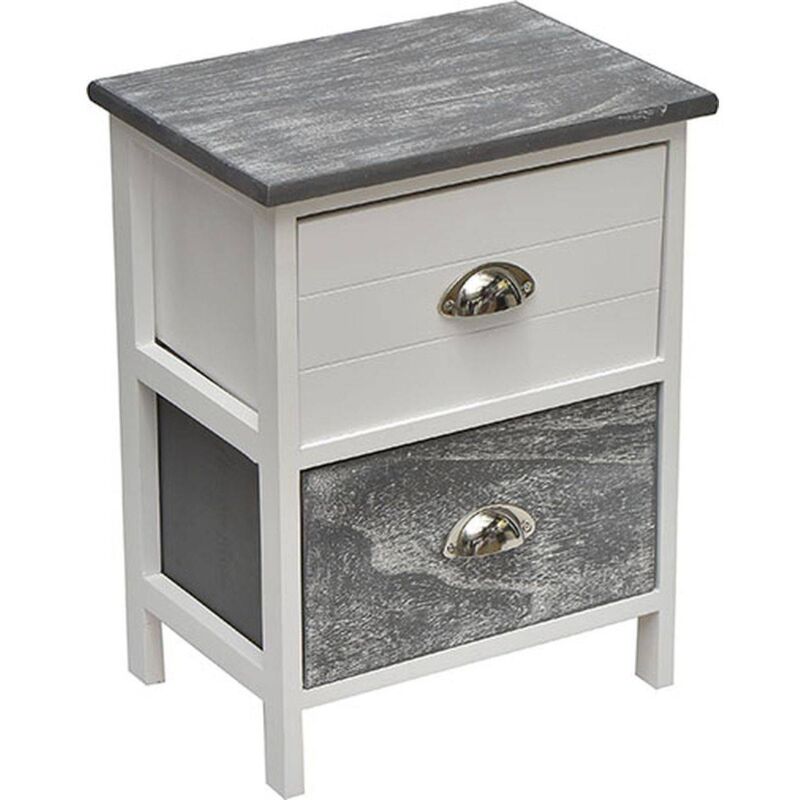 foto del prodotto cassettiera piccola in paulownia mdf a 2 cassetti con maniglia in metallo tinta legno bicolore bianco grigio tendance