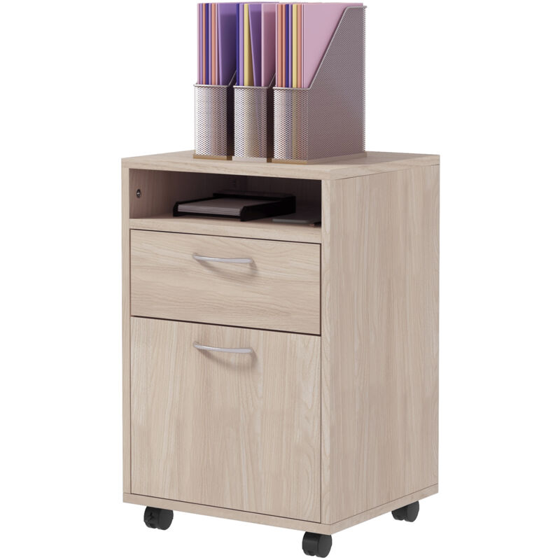 foto del prodotto cassettiera portadocumenti con ripiano aperto e 2 cassetti rovere homcom